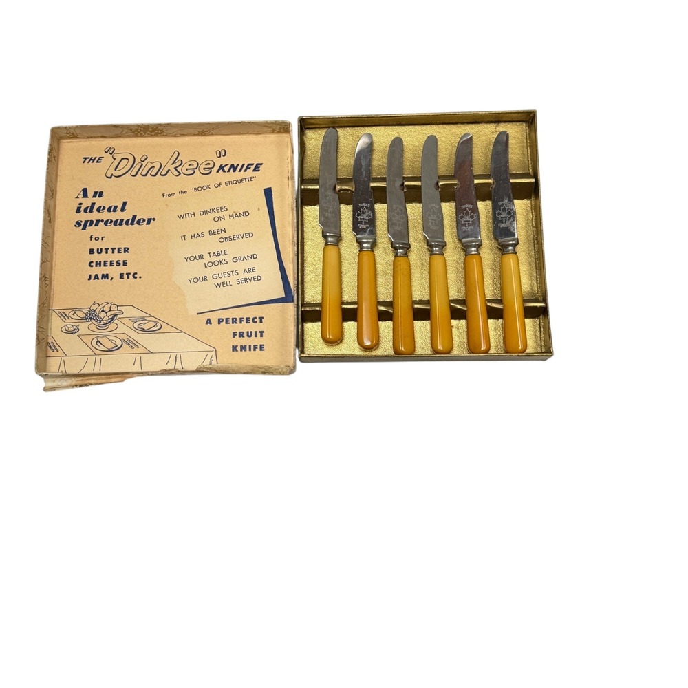 Dinkee Fruit Knife Spreader Set of 6 Bakelite Butterscotch Stainless MCM 1950s